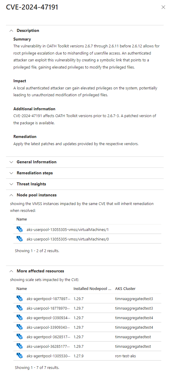 Capture d’écran du volet montrant tous les détails des ressources de nœud CVE et Kubernetes affectées.