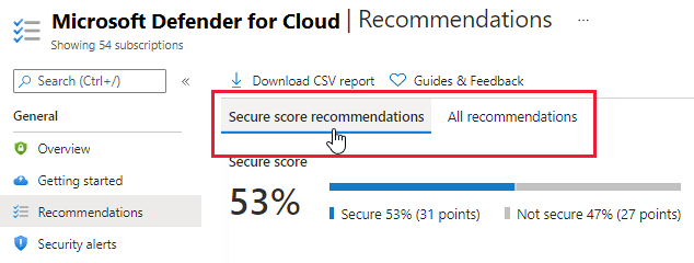 Onglets pour modifier l’affichage de la liste des recommandations dans Azure Security Center.