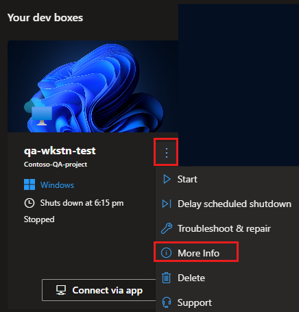 Capture d’écran du portail des développeurs montrant le menu d’actions pour une dev box et l’option Plus d’informations sélectionnée.