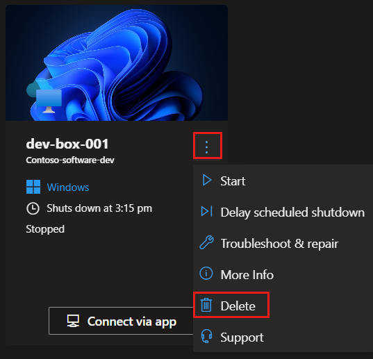 Capture d’écran du portail des développeurs montrant le menu d’actions pour une dev box et l’option Supprimer sélectionnée.