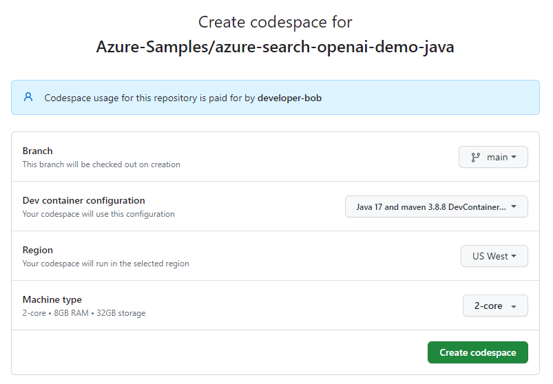 Capture d’écran de l’écran de confirmation avant de créer un nouveau codespace.