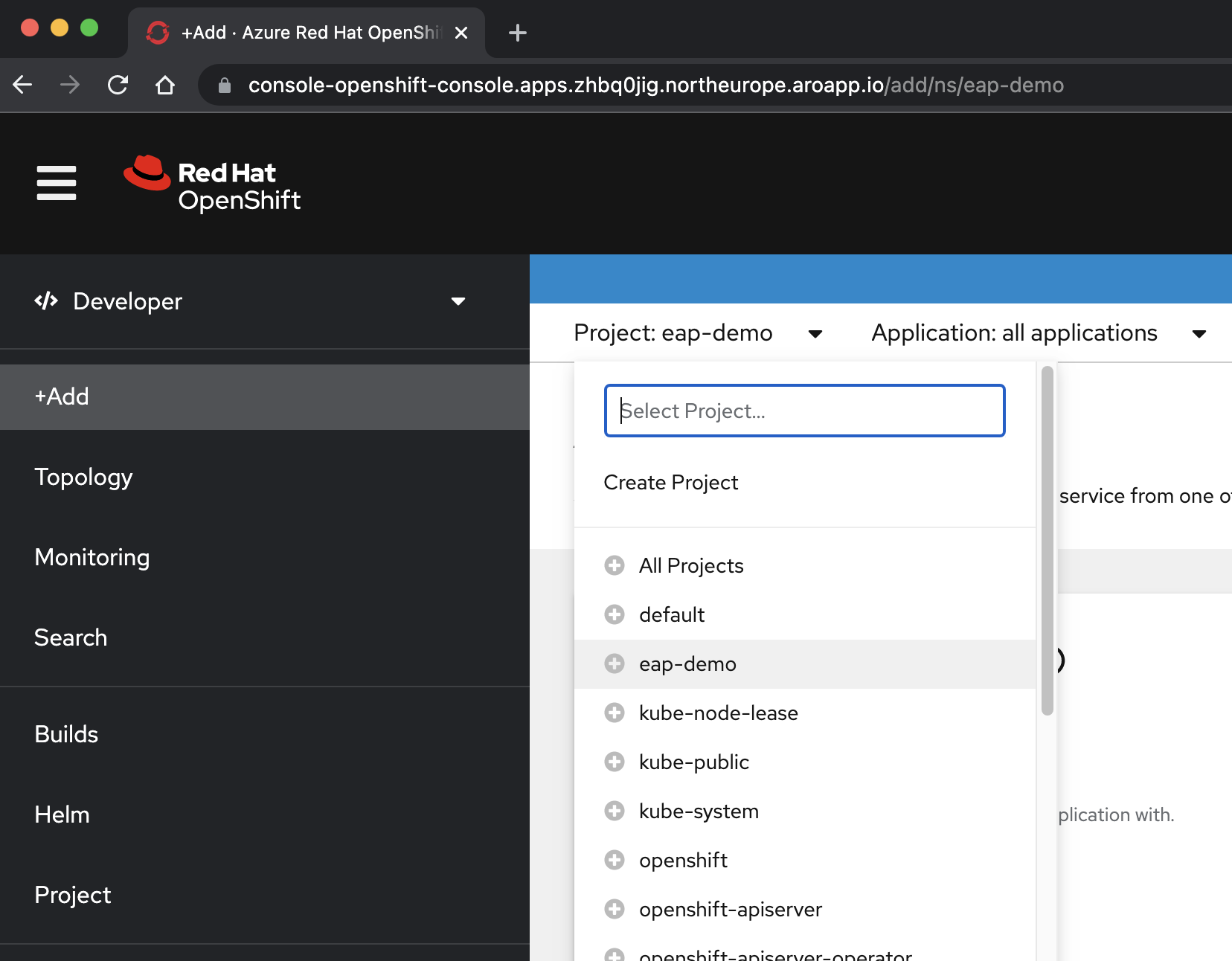 Capture d’écran de la zone de liste modifiable Projet de la console OpenShift.