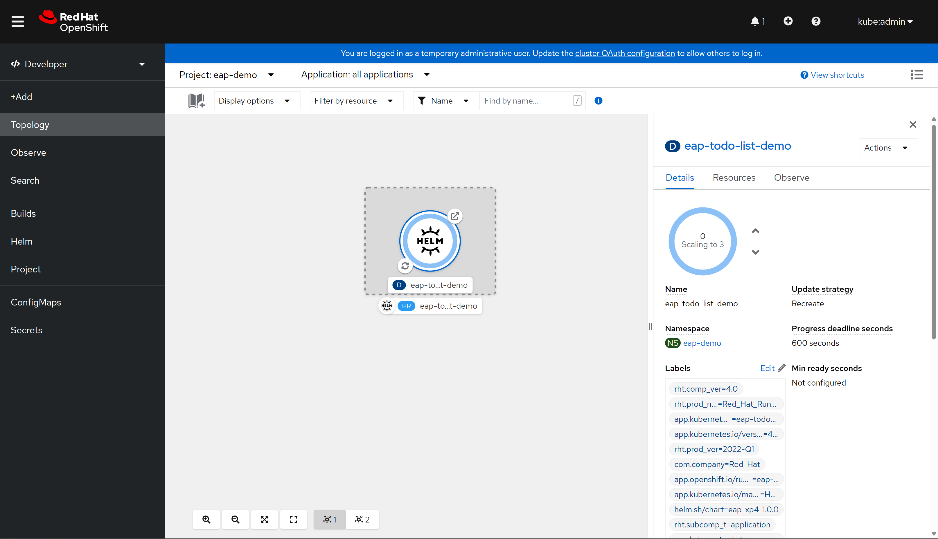 Capture d’écran de la topologie de la console OpenShift.