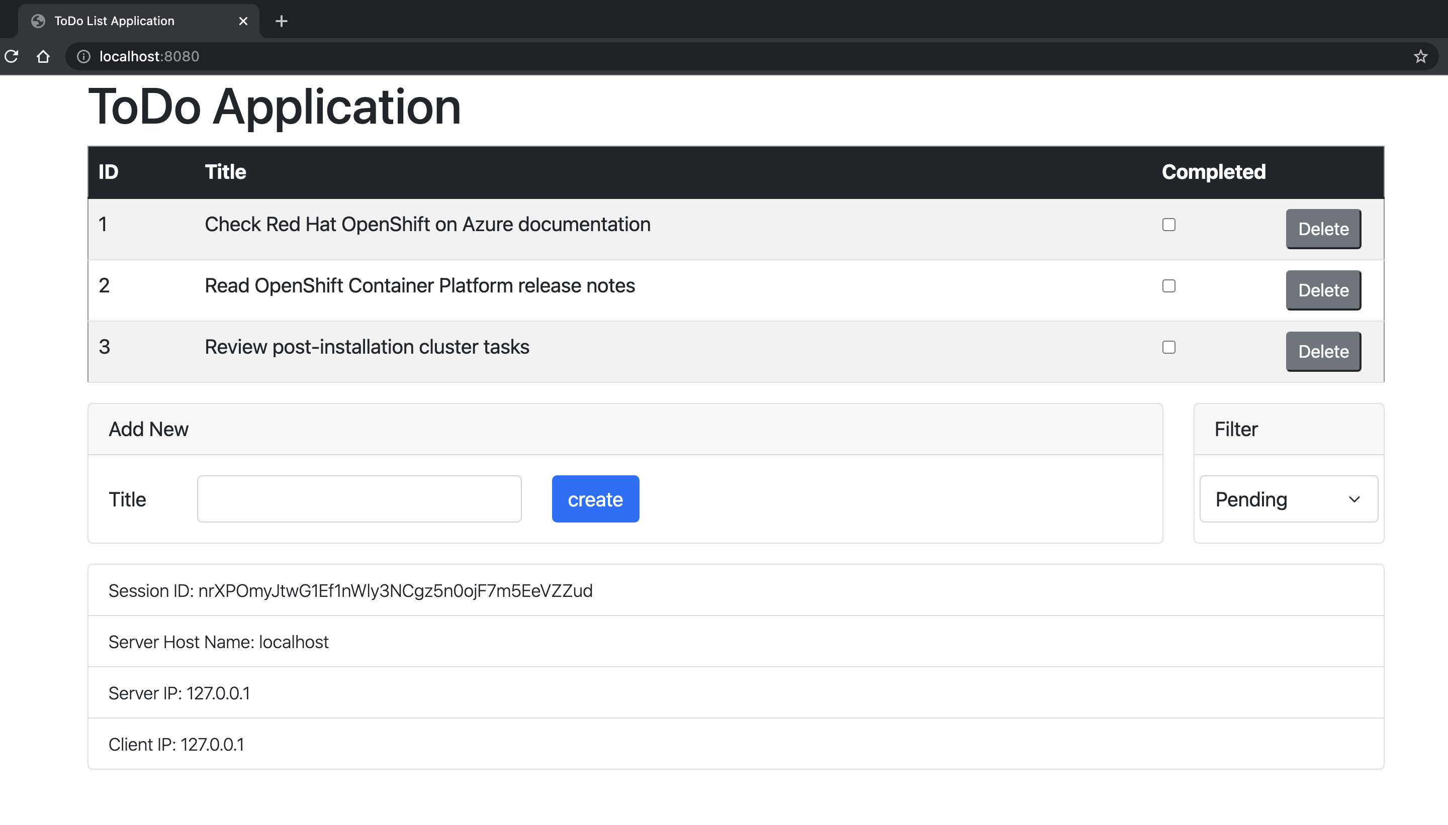 Capture d’écran de l’application de démonstration ToDo EAP.