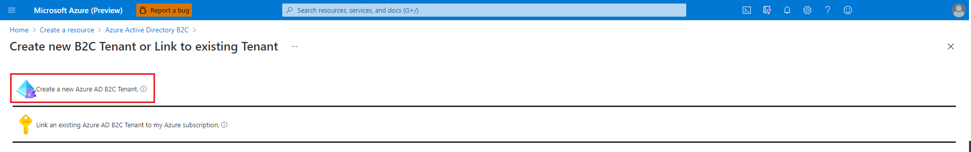 Option du portail Azure pour créer un locataire Azure AD B2C.