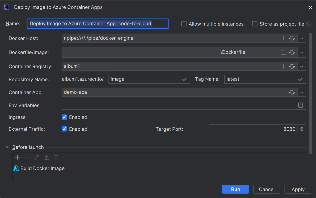 Capture d’écran d’Intelli J montrant la boîte de dialogue Déployer une image sur Azure Container Apps.