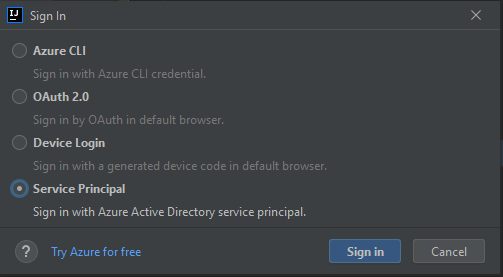 The Azure Sign In window with service principal selected.