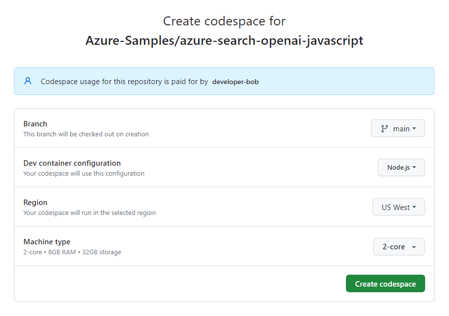 Capture d’écran de l’écran de confirmation avant de créer un nouveau codespace.