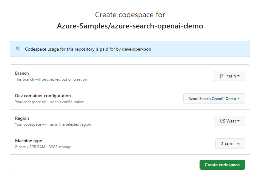 Capture d’écran de l’écran de confirmation avant de créer un nouveau codespace.