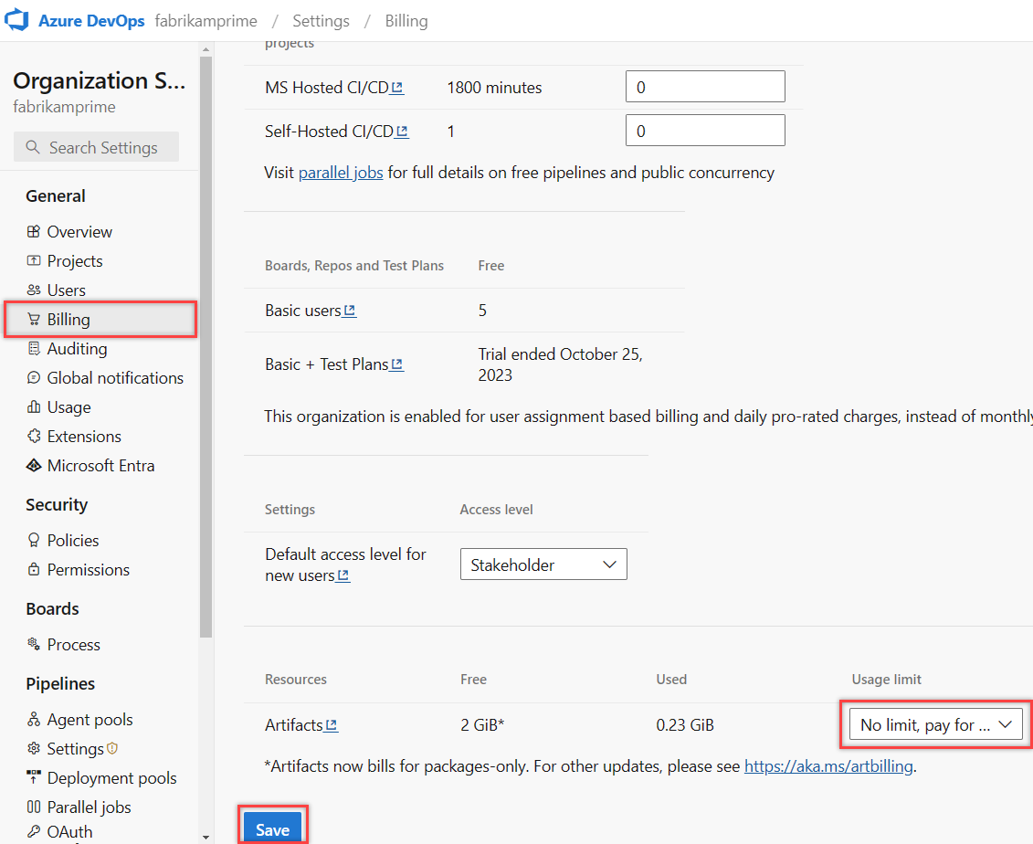 Capture d’écran montrant la limite d’utilisation ajustée pour les artefacts sur la page Facturation.