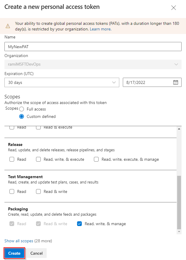 Capture d’écran montrant comment configurer un nouveau jeton d’accès personnel.