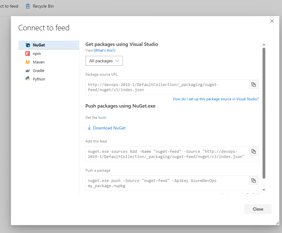 Capture d’écran montrant des instructions sur la configuration d’un projet NuGet dans Azure DevOps Server 2019.