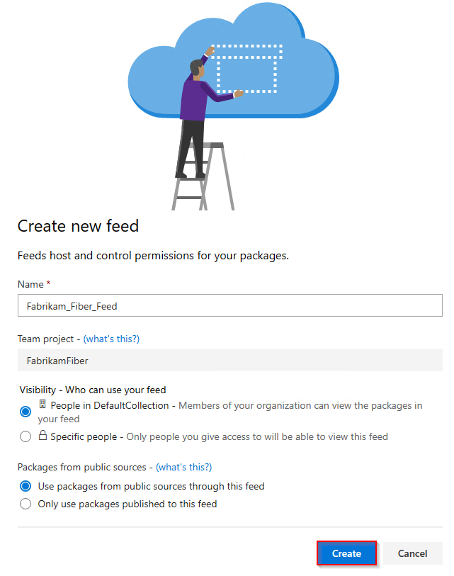 Capture d’écran montrant les sélections pour la création d’un flux dans Azure DevOps 2019.