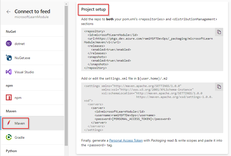 Capture d’écran montrant comment se connecter à un flux avec des projets Maven.