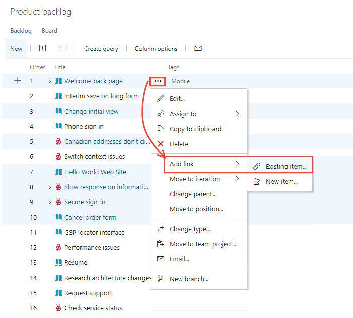 Capture d’écran du menu contextuel du backlog, éléments à sélection multiple dans le backlog, menu contextuel ouvert, choisissez Ajouter un lien à un élément de travail existant.