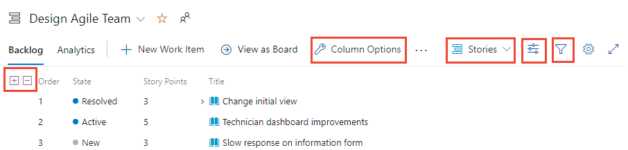 Capture d’écran montrant les quatre types d’options de l’outil de configuration de backlog.