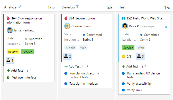 Capture d’écran d’un tableau, trois colonnes montrant des tests en ligne ajoutés et liés aux bugs.