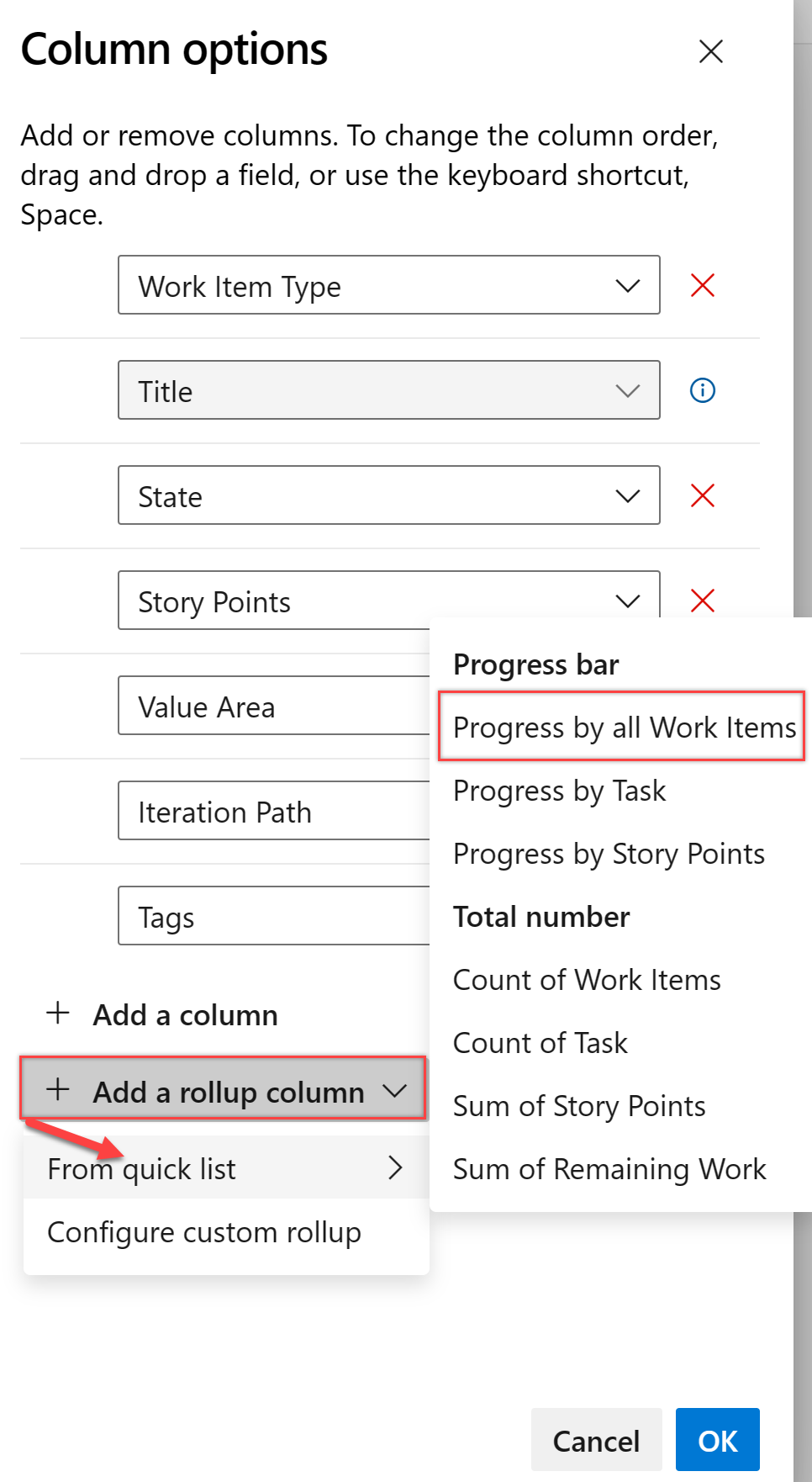 Capture d’écran de la boîte de dialogue Options de colonnes.