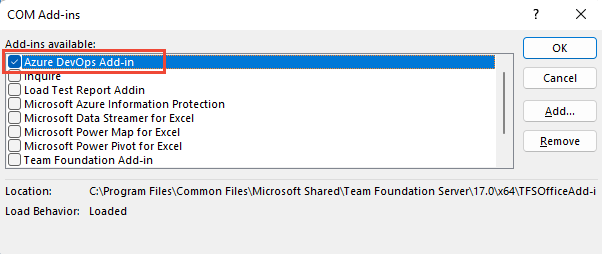 Capture d’écran de la boîte de dialogue Compléments COM, complément Team Foundation coché.