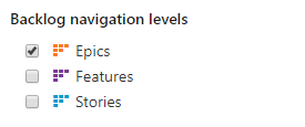 Configuration d’équipe, Général, Niveaux de navigation de backlog, Épopées uniquement