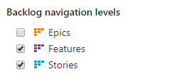 Configuration d’équipe, Général, Niveaux de navigation de backlog, Fonctionnalités et Récits