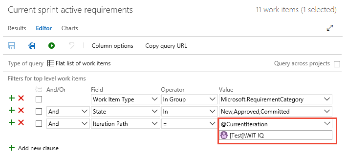 Capture d’écran montrant le filtre de requête et la macro CurrentIteration utilisée avec un paramètre d’équipe.