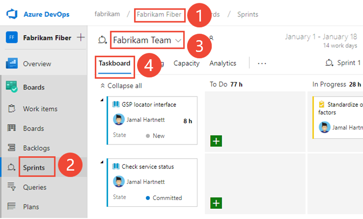 Capture d’écran montrant comment ouvrir le tableau des tâches de sprint d’une équipe.