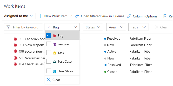 Capture d’écran du portail web, page Éléments de travail, options de filtre, choisissez d’afficher les bogues.