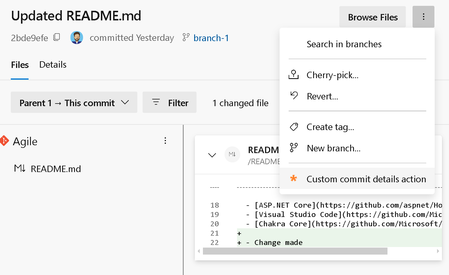 Menu Détails de validation Git