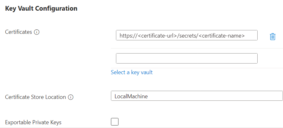 Capture d’écran de la configuration des certificats Key Vault.