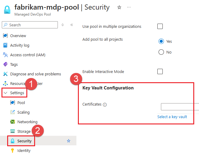 Capture d’écran des paramètres d’intégration d’Azure Key Vault.