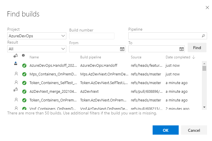 Capture d’écran de la boîte de dialogue Find builds (Rechercher des builds) avec un projet sélectionné et des builds répertoriés.