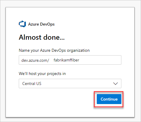 Capture d’écran montrant La création d’une organisation dans Azure DevOps, mise en surbrillance du bouton Continuer.