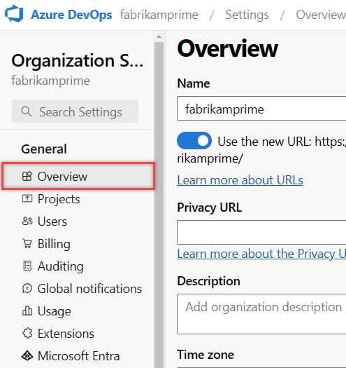 Capture d’écran montrant le bouton Vue d’ensemble mis en surbrillance dans Azure DevOps.