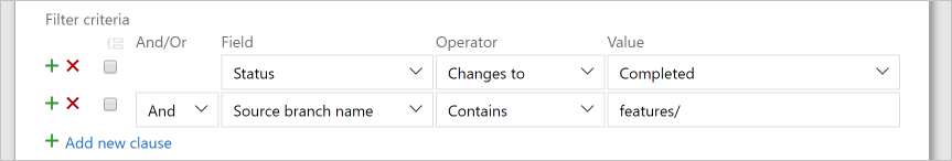 Capture d’écran de la configuration de critères de filtre supplémentaires.