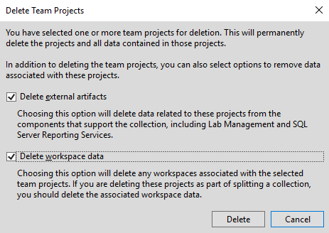 Capture d’écran de la boîte de dialogue Supprimer les projets d’équipe.