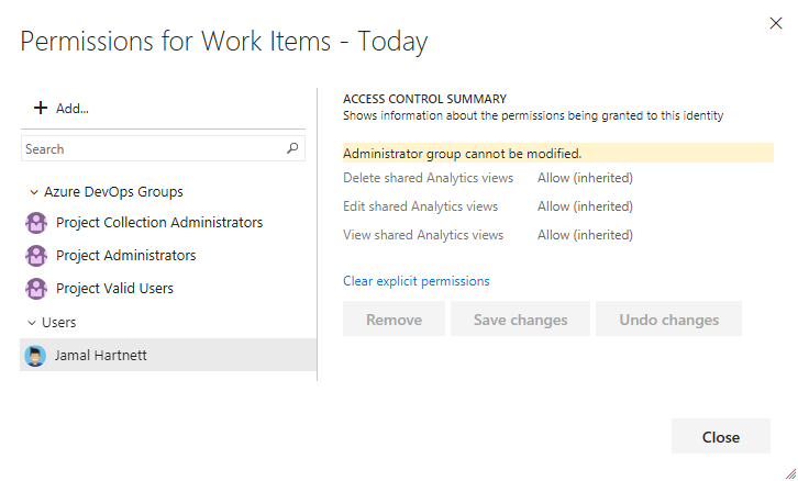 Capture d’écran de la boîte de dialogue Gérer les Analytique partagés, modifier les autorisations d’un utilisateur, Azure DevOps Server.