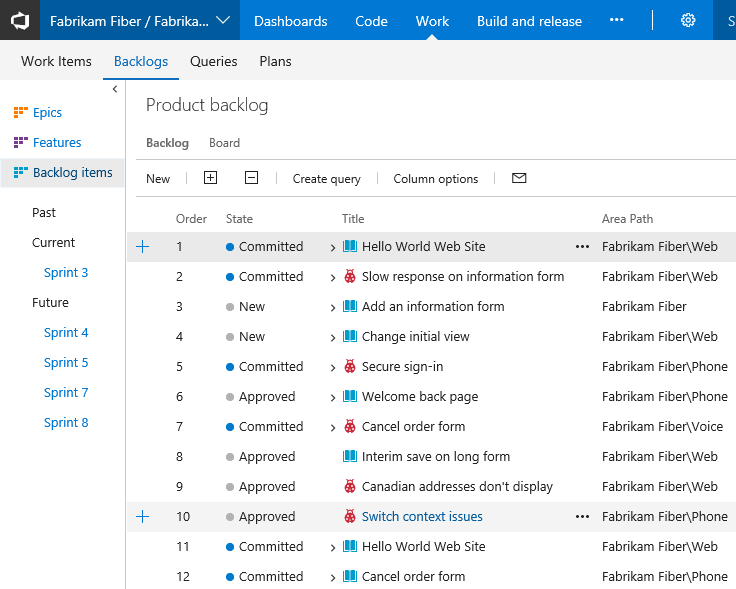 Affichage backlog de l’équipe par défaut, versions locales