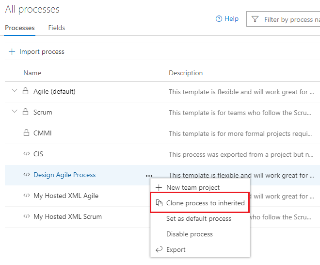 Menu contextuel de processus agile, Choisir cloner le processus à hériter