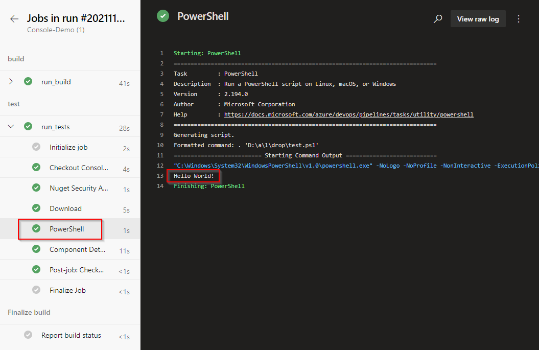 Capture d’écran montrant la sortie de tâche PowerShell