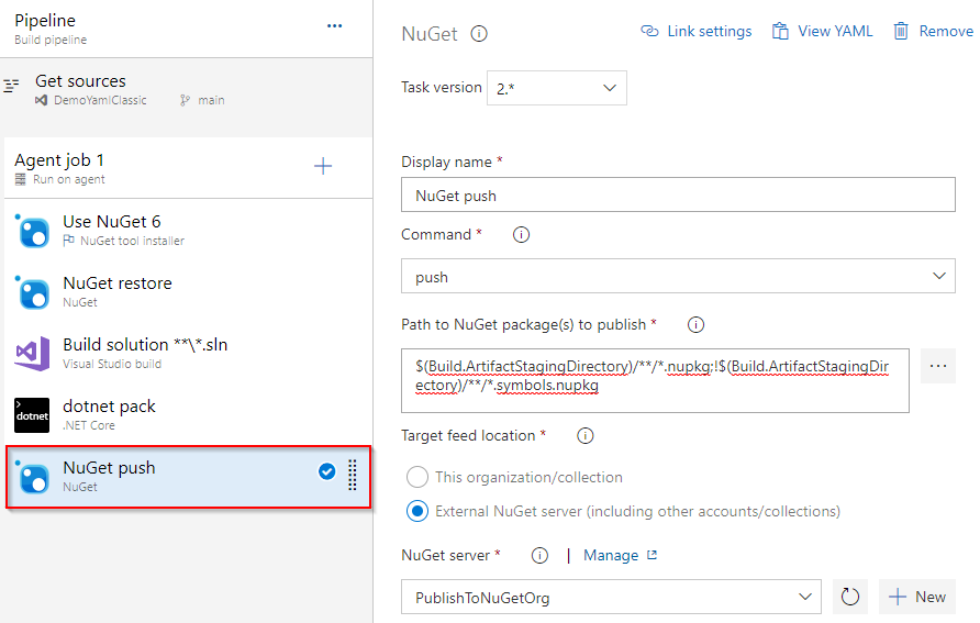 Capture d’écran montrant comment configurer une tâche de poussée NuGet sur un serveur NuGet externe.