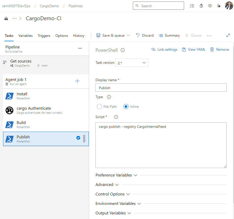 Capture d’écran montrant comment publier des caisses sur et un flux Azure Artifacts à l’aide d’un pipeline classique.