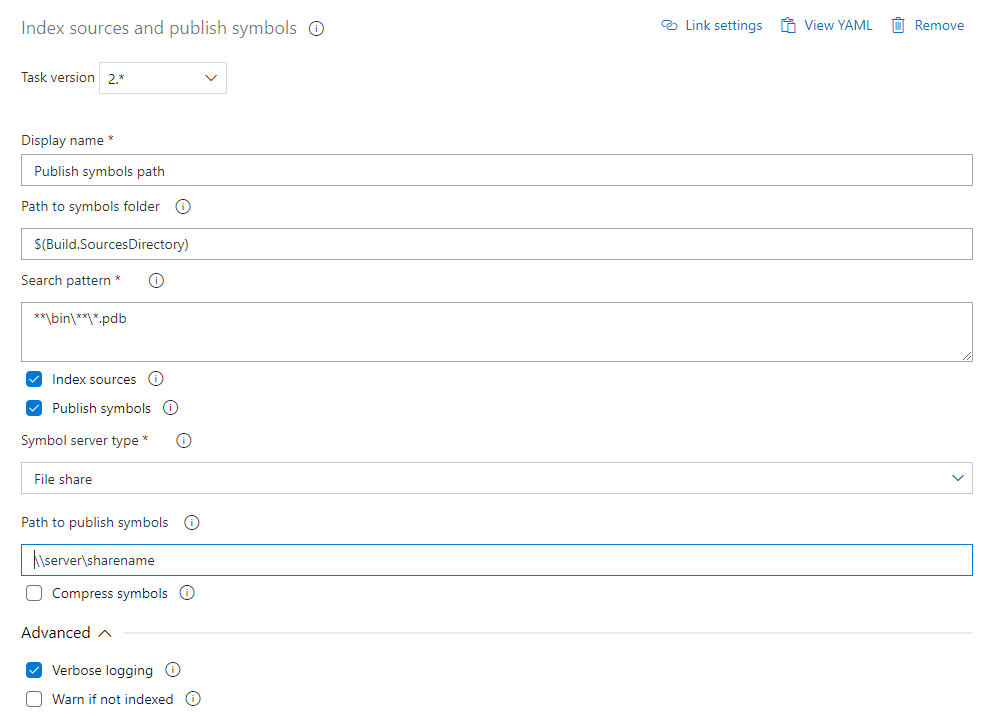 Capture d’écran montrant comment configurer la tâche Indexer les sources et publier les symboles pour publier les symboles sur un partage de fichiers.