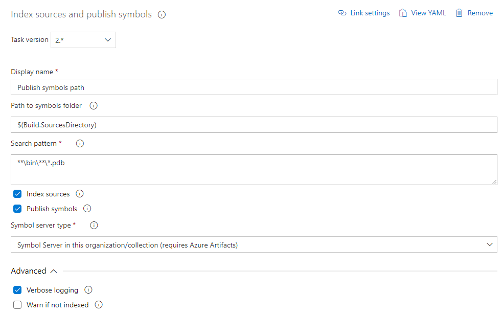 Capture d’écran montrant comment configurer la tâche Indexer les sources et publier les symboles pour publier des symboles sur le serveur de symboles Azure Artifacts.