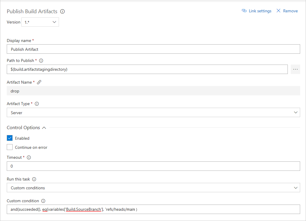 Capture d’écran montrant comment ajouter une condition personnalisée à la tâche de publication d’artefacts de build.
