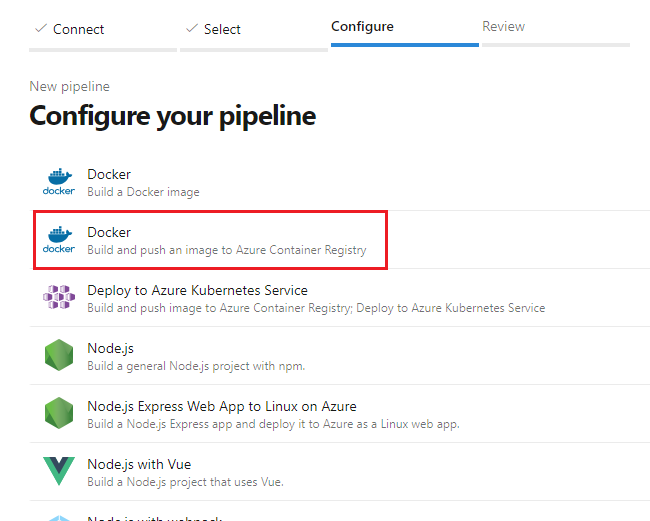 Capture d’écran montrant la sélection du pipeline Générer et envoyer l’image Docker à Azure Container Registry.