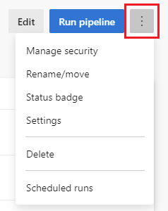 Capture d’écran des paramètres de pipeline et du menu Autres actions.