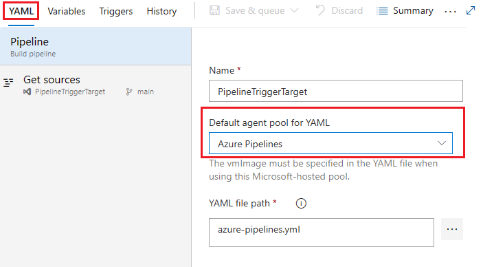 Capture d’écran du pool d’agents par défaut pour les pipelines YAML.