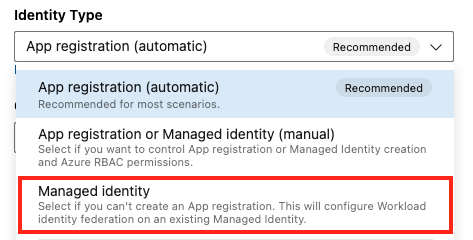 Capture d’écran illustrant la sélection de l’identité managée par Azure Resource Manager, avec l’identité assignée à l’utilisateur.