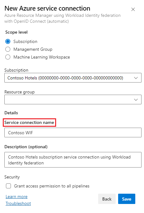 Capture d’écran de l’écran Nouvelle connexion de service Azure.